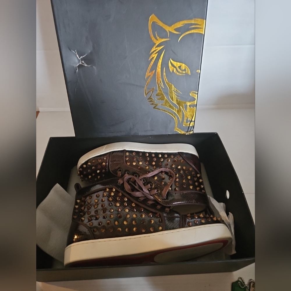 New Barocco LA Men's High-Top Sneakers Brown Leather Studded" - Picture 9 of 11